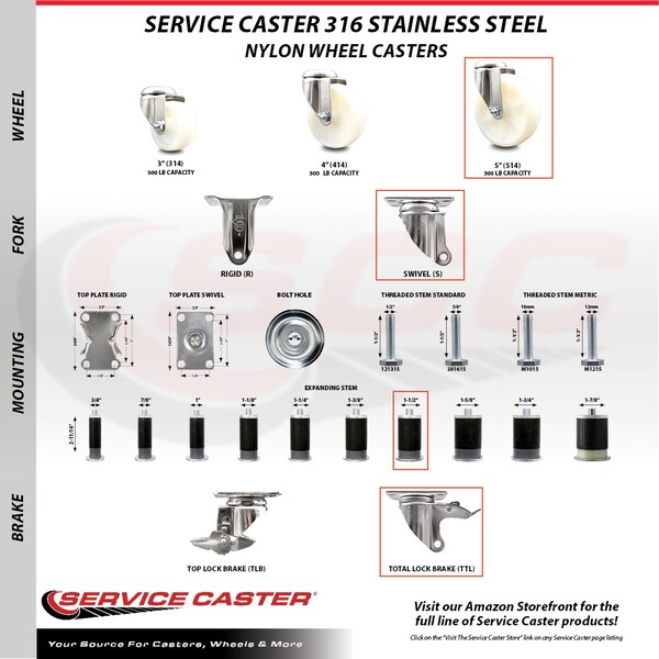 Service Caster 5 Inch 316SS Nylon Wheel Swivel 1-1/2 Inch Expanding Stem Caster Lock Brake SCC SCC-SS316TTLEX20S514-NYS-112 - main